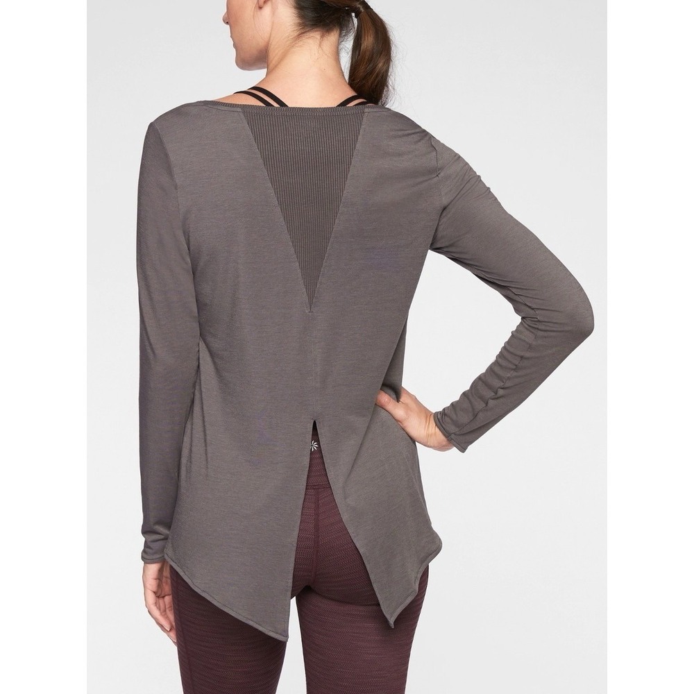 Athleta‎ Gray Long Sleeve V Back Split Hem Top Women's Size L